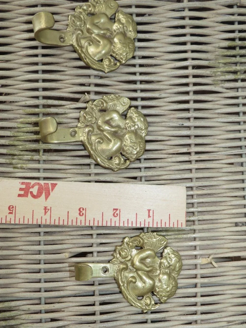 Vintage Brass Cherub Wall Hooks Set Gold 4 Inch Angel Hanger 3 Pack Decorative